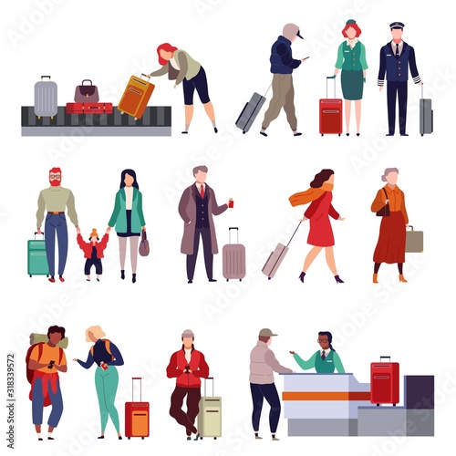 People with luggage. Travelling couple holding child and person together with suitcase, tourist and traveler isolated vector set