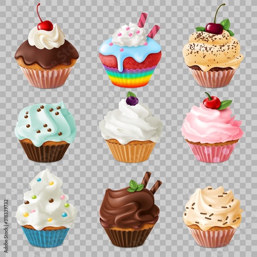 Realistic cupcakes. Sweet homemade dessert with pink and white icing in paper cups 3d object vector set
