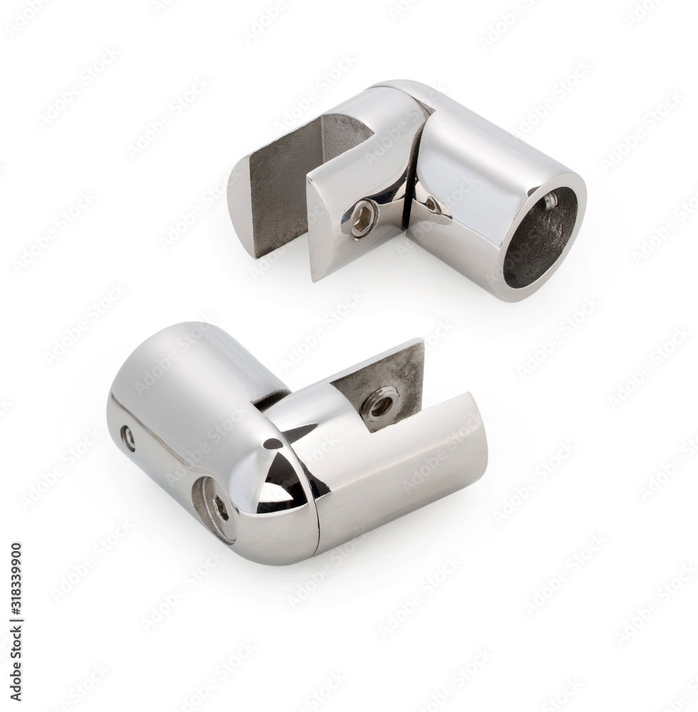 Pair of chrome corner holders for decorative tube of glass door or wall in bathroom, shower enclosure, showcase, decorative glass fitting isolated on a white, closeup. Pair of chrome corner holders for decorative tube of glass door or wall in bathroom, shower enclosure, showcase, decorative glass fitting isolated on a white, closeup.