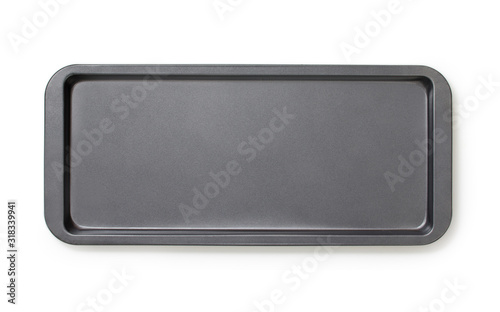 Very narrow baking tray with non-stick coating, top view, close-up.