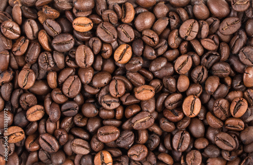Beans of coffee background top view