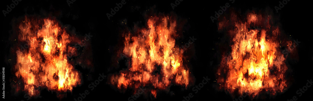 Fire flame and smoke on dark background.Set of 3 fires on a long background.