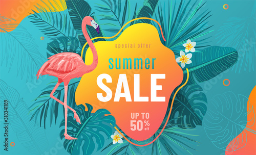 Summer sale vector poster background with bright geometric elements, tropical leaves, flamingo, frangipani flowers. Special offer flyer illustration. Tropic graphic design on blue backdrop