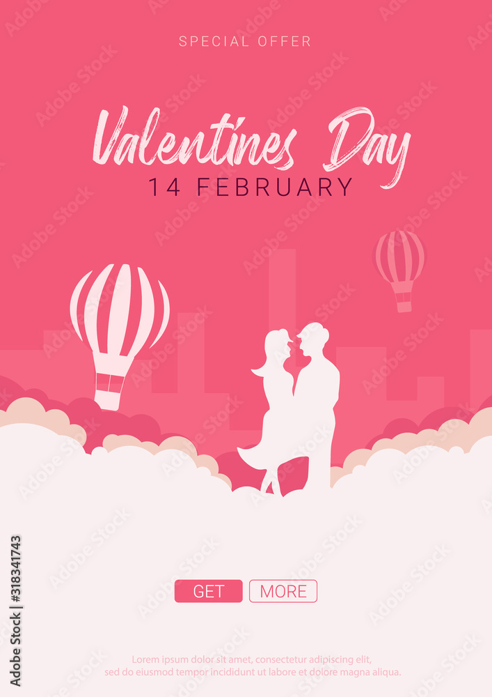 Valentine's Day banner with couple in love and air balloon on the pink background.