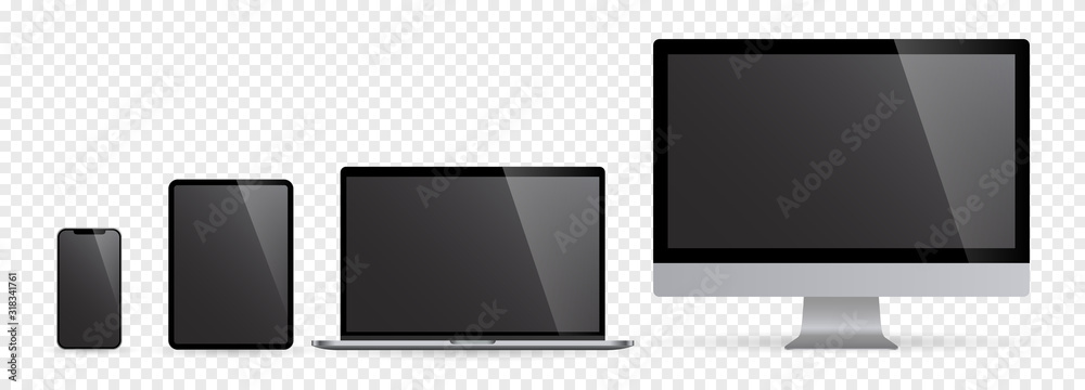 Realistic set of computer monitors desktop laptop tablet and phone with black screen and checkerboard background. Isolated illustration vector illustrator Ai EPS