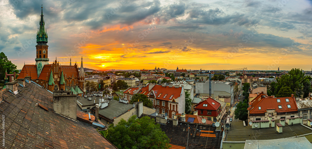 Zachód słońca nad Krakowem, dzielnica Podgórze - obrazy, fototapety, plakaty 