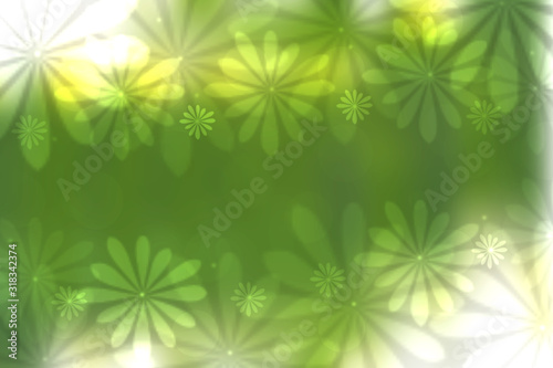 Abstract bright spring or summer landscape texture with natural green bokeh lights and flowers and bright sunshine. Spring or summer background with copy space. Beautiful backdrop.