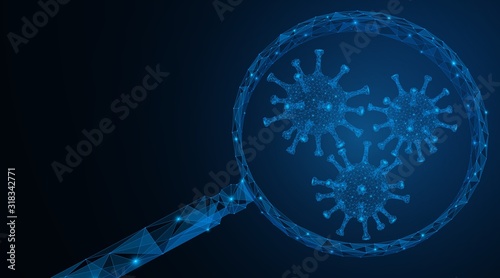 Scientific research analysis for viruses. Infected cells under a magnifying glass. Study of affected areas in a scientific laboratory. Low-poly 3D vector illustration. Blue background.