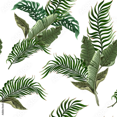 Seamless pattern with tropical leaves on white background. Vector.
