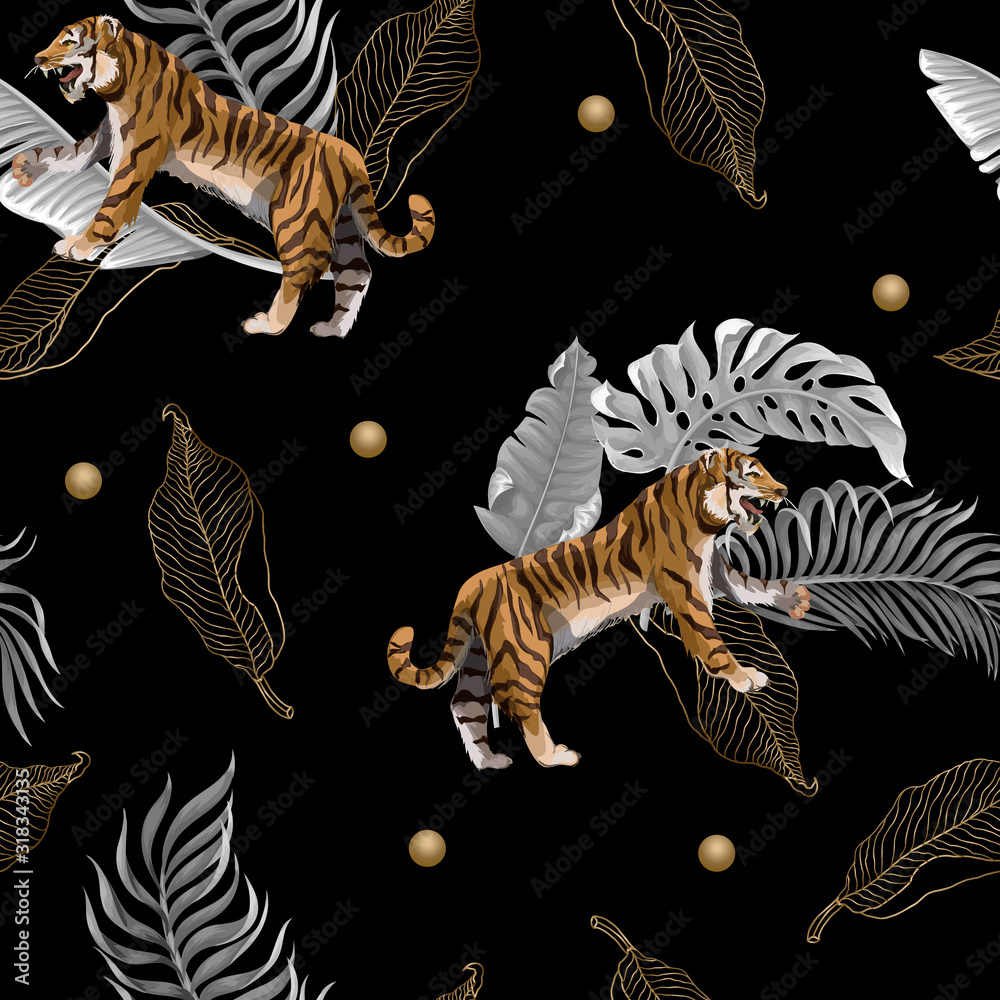 Seamless pattern with tigers and leaves. Vector. Seamless pattern with tigers and leaves. Vector.