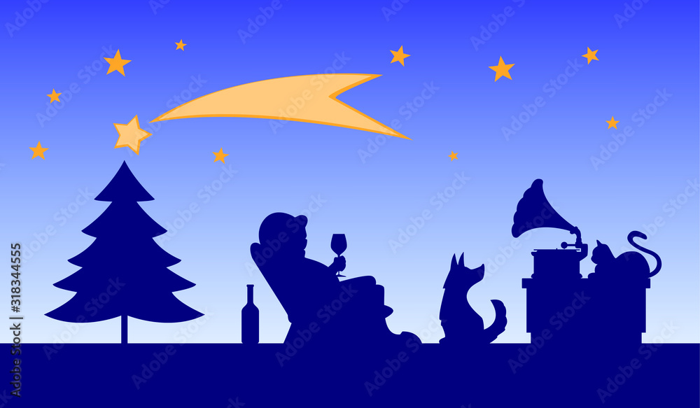 christmas cartoon illustration - man with a glass of wine in a chair listens to music from a phonograph, near a cat and dog, tree, stars in background / individual objects on separate layers