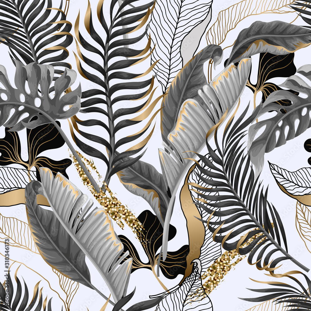 Fototapeta Seamless pattern with black and white tropical leaves and golden elements. Vector.