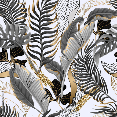 Seamless pattern with black and white tropical leaves and golden elements. Vector.