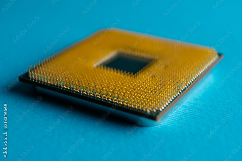 computer processor, gold-plated contacts, macro photo on a blue background computer processor, gold-plated contacts, macro photo on a blue background