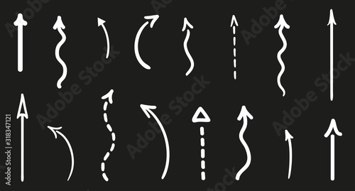 Infographic elements. Wavy arrow on isolated black background. Hand drawn dotted and curly arrows. Set of different pointers. Black and white illustration