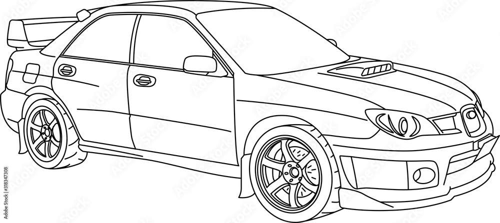 Car sketch. Vector illustration in black and white. Coloring paper