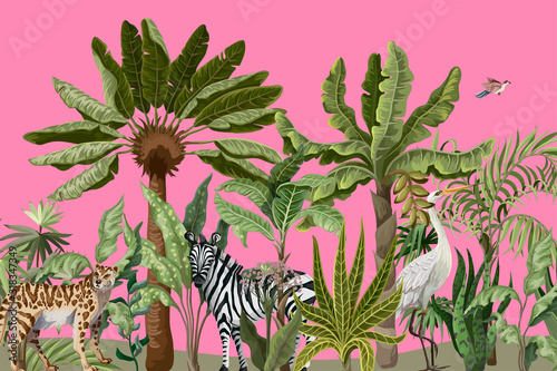 Border with jungle trees and wild birds and animals. Vector.