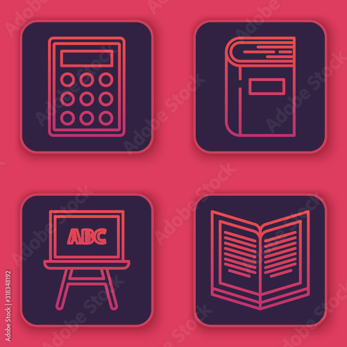 Set line Calculator, Chalkboard, Book and Open book. Blue square button. Vector