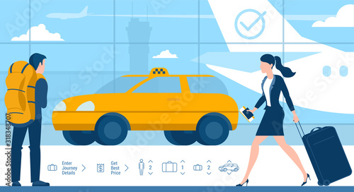 Flat design airport transfer online taxi car order template for online service mobile application, web site and banner. Airport taxi service vector concept.
