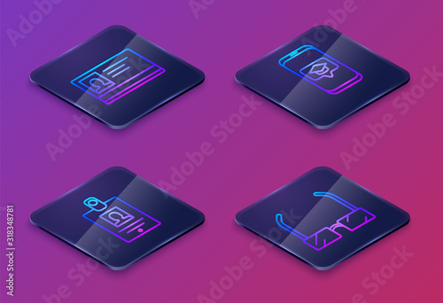 Set Isometric line Identification badge, Identification badge, Graduation cap on screen smartphone and Glasses. Blue square button. Vector