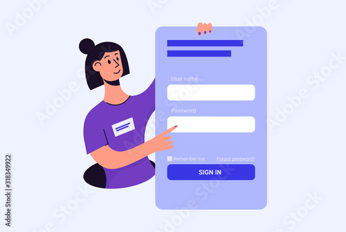 Log in or sign in UI web concept – vector illustration in flat style. Woman holding online form with user name and password to login into account or profile on online platform.