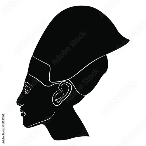 Isolated vector illustration. Profile head of pharaoh Akhenaten in tiara. Ancient Egyptian king Amenhotep IV. Black and white silhouette.