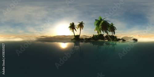 HDRI, environment map , Round panorama, spherical panorama, equidistant projection, panorama 360, Beautiful beach with palm trees, oasis in the sandy desert, 3d rendering