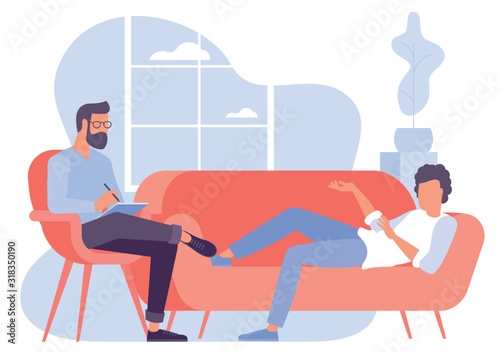 Flat design vector concept for psychotherapy session. Patient with psychologist, psychotherapist office. Psychiatrist session in mental health clinic.