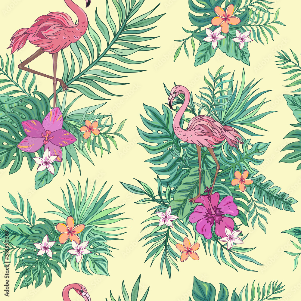Fototapeta premium Vector trendy seamless pattern with flamingo, palm leaves, hibiscus and plumeria. Summer decoration print for wrapping, wallpaper, fabric. Seamless vector texture. Tropical bouquet flowers.