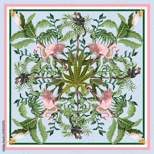Design scarf with tropical trees, flamingo and parrots. Vector.