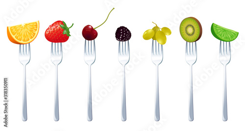 Fresh juisy raw fruits on the forks, diet healthy eating vegetarian vector concept. Orange, strawberry, cherry, blackberry, grapes, kiwi and lime.