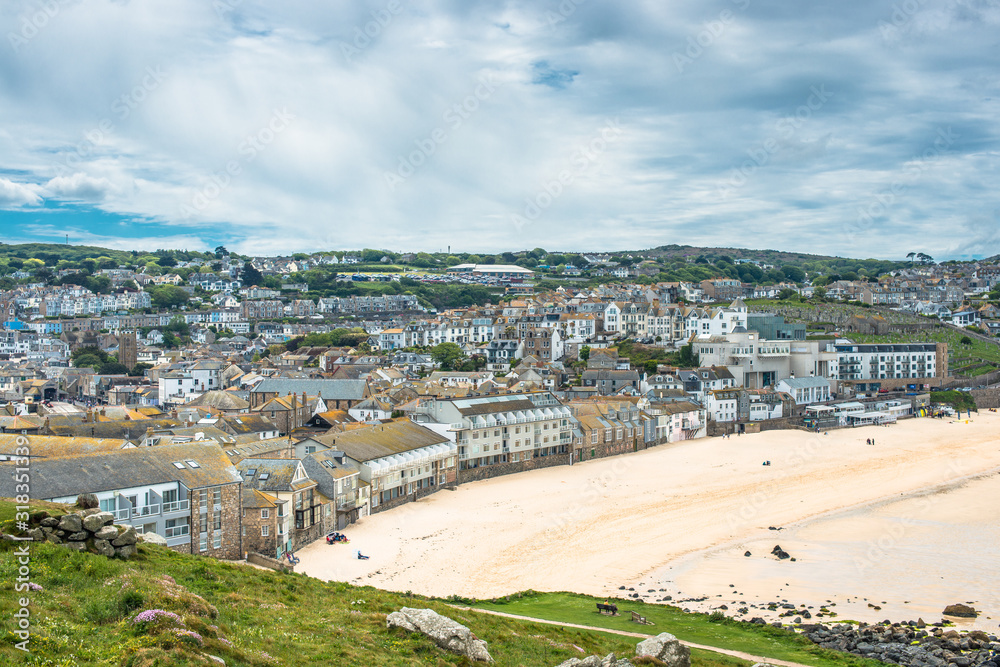 View over Porthmeor Beach in St Ives, Cornwall, UK.