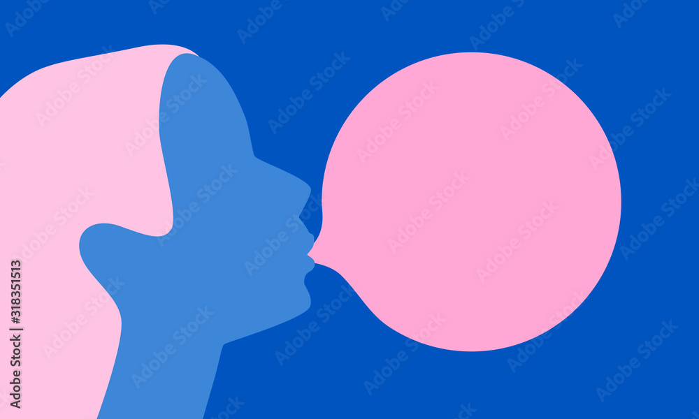 Woman blowing pink bubble gum on a blue background. Flat design. Vector illustration - obrazy, fototapety, plakaty 