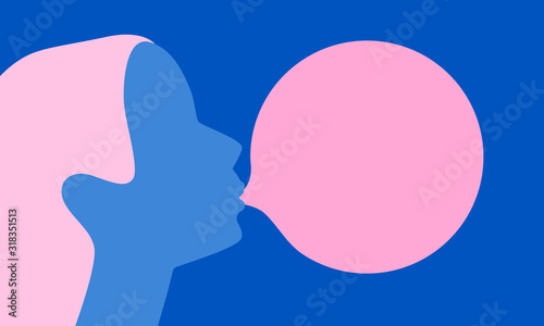 Woman blowing pink bubble gum on a blue background. Flat design. Vector illustration