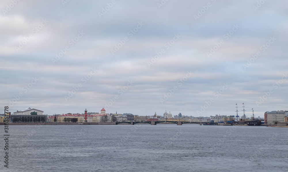 View of the historic part of the city of St. Petersburg, Russia through the waters of the Neva River