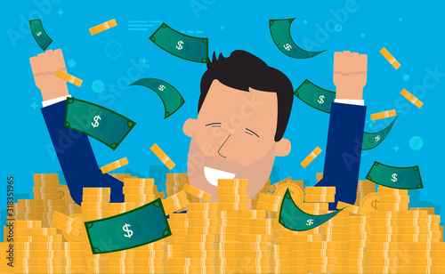 Money bath - man swimming in money, happy millionaire taking a swim in cash. Money flying around, big smile on his face. Rich, winner, billionaire, happiness concept. Vector illustration.