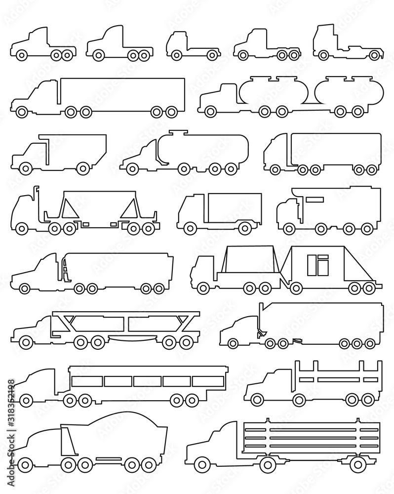 Truck isolated outline set icon.Vector illustration delivery transport on white background . Vector outline set icon car of truck.