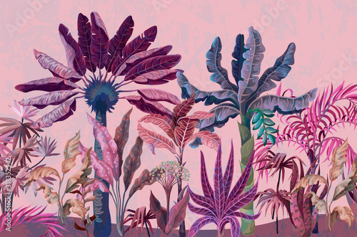 Border with jungle trees, palm, banana and other in pink color.