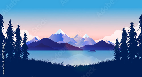 Nature background illustration. By the lake with view of the ocean and mountains reflecting in the water. Trees and grass in front. Calm, peaceful, beautiful landscape concept. Vector.