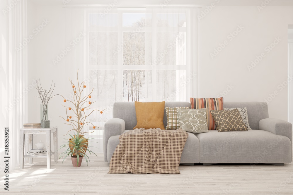 Fototapeta Stylish room in white color with sofa. Scandinavian interior design. 3D illustration