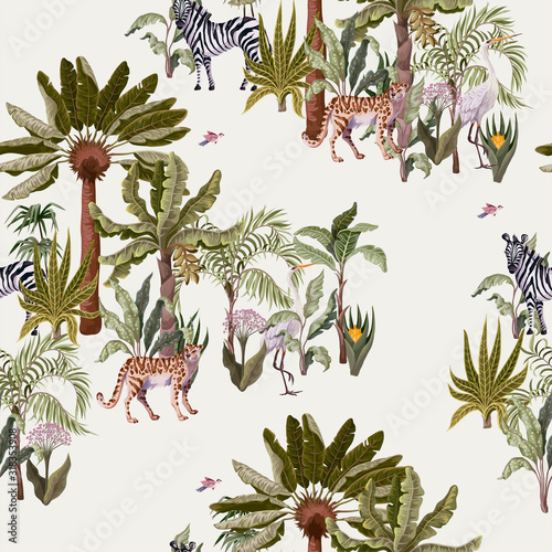 Seamless pattern with tropical trees and animals. Vector. © Yumeee