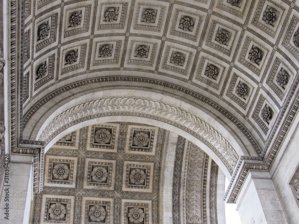 View of the ceiling design of the Arc de Triomphe located in Paris, France 