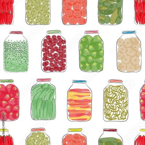 Seamless pattern of various vegetables canned in glass jars on white background . Hand-drawn vector illustration