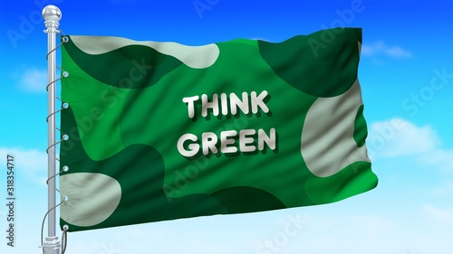 Green ecological movement symbol. Green flag waving on blue sky