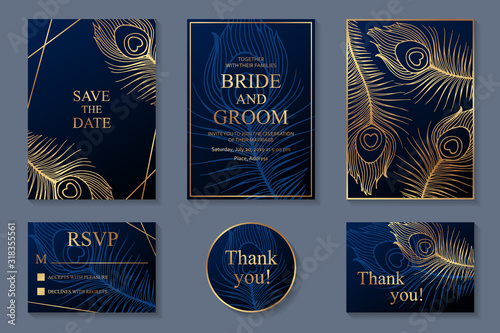 Set of luxury wedding invitation design, rsvp, thank you or greeting card templates with golden peacock feathers on a navy blue background.