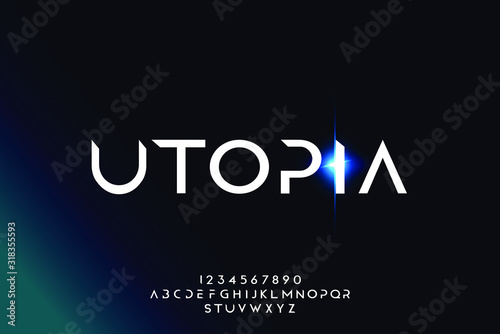 Utopia, an abstract technology science alphabet font. digital space typography vector illustration design photo