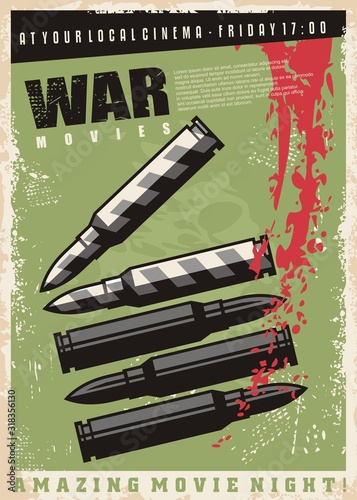War movies marathon cinema festival. Retro poster design for film industry with clapping board made from rifle ammunition. Documentary film fest flyer template vector illustration.