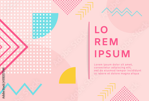 Neo memphis style background. Bright cover with abstract shapes compositions. Vector illustration in pastel colors. Template with geometric shapes, patterns in trendy fashion 80-90s