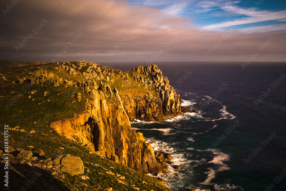 Sunset Zawn Trevilley and Carn Boel at Lands End in Cornwall England UK