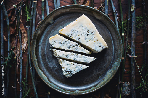 A piece of Italian gorgonzola cheese in a plate  photo